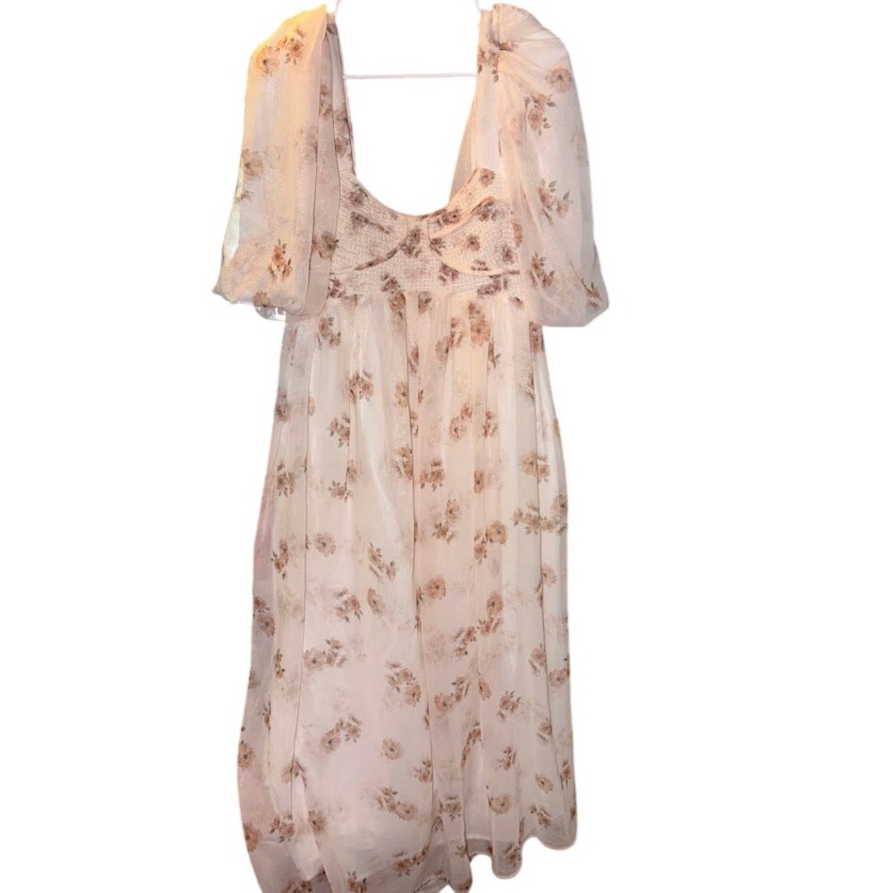 Worth Collective Pink Floral Puff Sleeve Midi Dress Womens 2X Cottagecore Smock